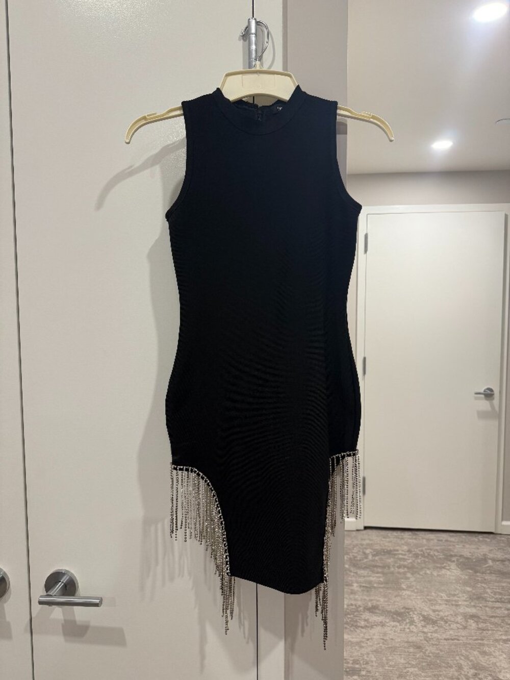 Boohoo Black Fringe Rhinestone Bodycon Dress | US 4